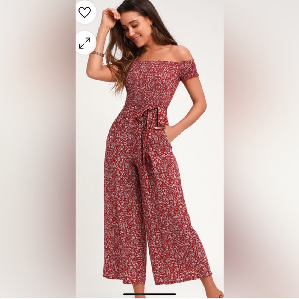 Lulus Floral Off-Shoulder Jumpsuit - Red